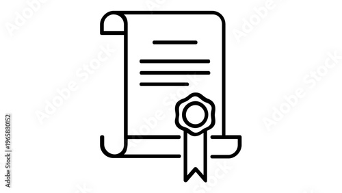 Minimalist vector icon illustration of a graduation certificate or diploma scroll with an official wax seal and ribbon, representing academic achievement, education, and professional success.