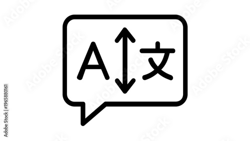 Multilingual language translation vector icon illustration featuring a speech bubble with Latin and Chinese characters and a double arrow for global communication, education, and learning.