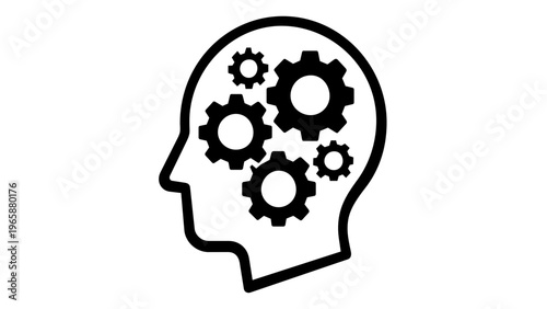 Minimalist vector icon illustration of a human head profile with gears and cogs inside, symbolizing brain power, mental process, logic, education, learning, innovation and artificial intelligence