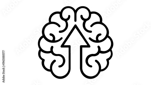 Human brain vector icon illustration with an upward arrow representing mental growth, intelligence, cognitive development, learning progress, brain power, and educational success on white.