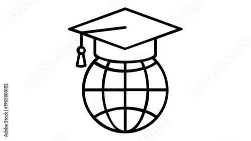Global Education Vector Icon Featuring a Graduation Cap on Top of a Globe, Representing International Learning, Academic Achievement, World Study, and Universal Knowledge in a Minimalist Style.