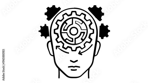 Vector icon illustration of a human head with gears and cogs representing mental processes, logical thinking, brain function, education, learning, and artificial intelligence concepts.