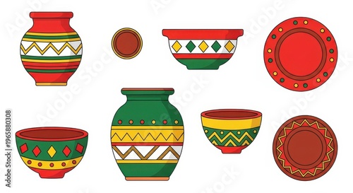 Colorful collection of traditional patterned pottery and ceramic bowls