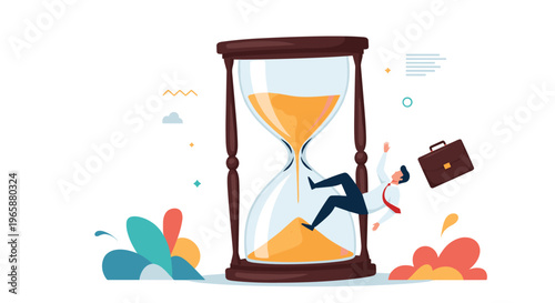 Businessman falling through a giant hourglass symbolizes intense time pressure and the urgency of professional deadlines.