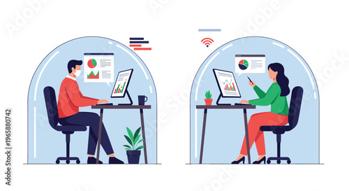 Professionals work in isolated glass bubbles with separate digital monitors representing safe and private office spaces.