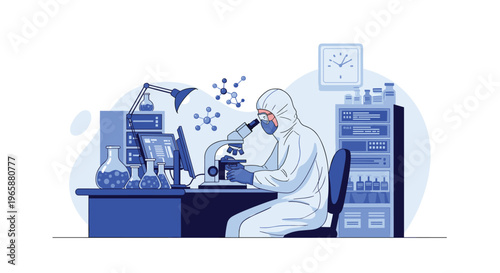 Scientist in protective gear conducts research using a microscope in a sophisticated medical and chemistry laboratory.