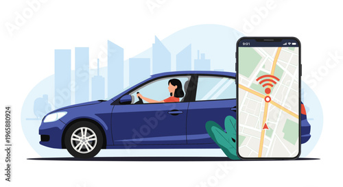 Woman drives a blue car while using a giant smartphone for GPS navigation and mobile signal tracking on a city map.