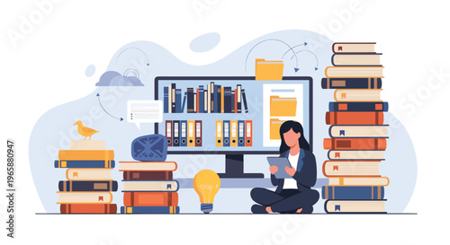 Woman studies using a digital tablet surrounded by tall stacks of books and an extensive computer library database.