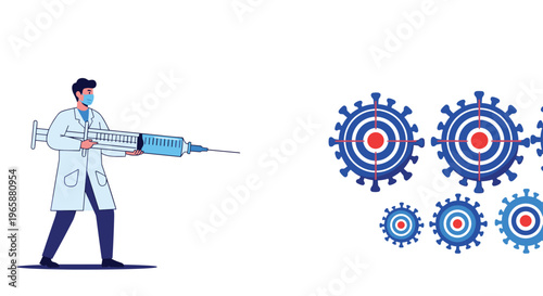Medical professional aims a giant syringe at virus targets symbolizing the active battle against pandemic diseases.