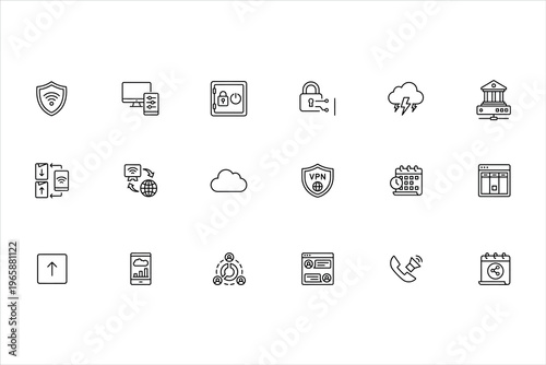 Cyber security line icons set, 18 vector web safety symbols, cloud computing and data protection outline elements for interface design