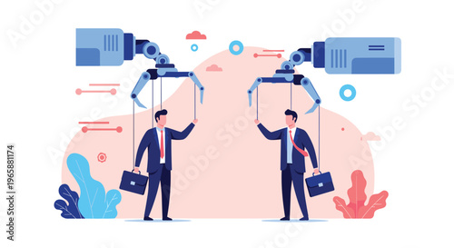 Robot arms controlling business people like puppets in a metaphor for corporate manipulation or automated workforce management in the modern era.