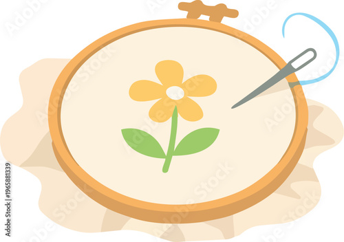 A flat vector illustration of an embroidery hoop with a stitched flower design and a needle on fabric.