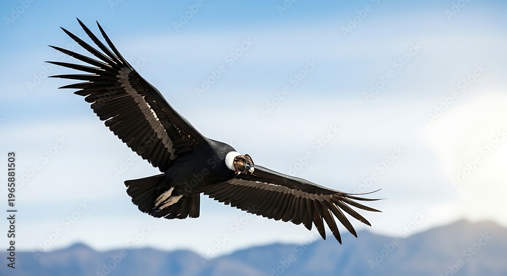 Fototapeta premium A magnificent Andean Condor gracefully glides through the clear sky with vast mountain ranges in the distance.