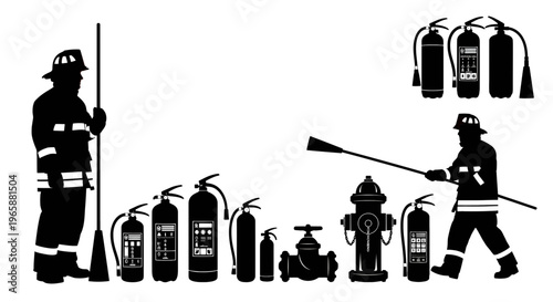 Firefighters and firefighting equipment in silhouette firefighter fire safety rescue emergency extinguisher hydrant fireman hero