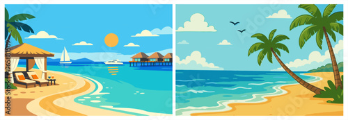 Tropical beach resort landscape set with palm trees, gazebo, bungalows, and turquoise ocean. Flat vector summer vacation art.