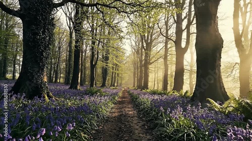 Sunlit Forest Pathway Lined With Purple Bluebells And Tall Trees With Golden Light Rays