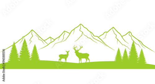 Deer standing on a hill with mountains and pine trees in the background mountain tree