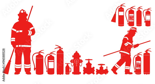 Firefighters and firefighting equipment silhouettes on white background firefighter fire extinguisher safety emergency rescue fireman