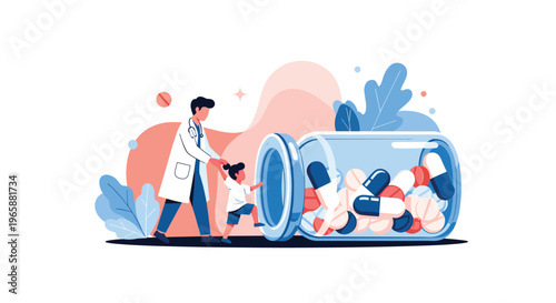 Friendly medical doctor leading a young child towards a giant bottle filled with various colorful capsules and medical pills.