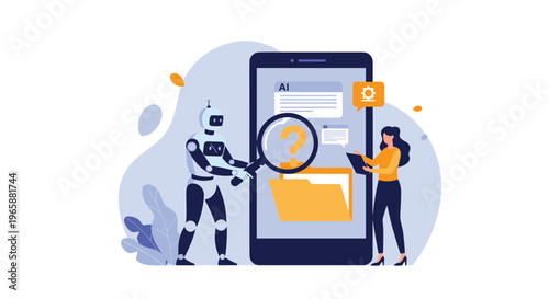 Businesswoman and an artificial intelligence robot using a magnifying glass to inspect a digital file folder on a large smartphone screen.