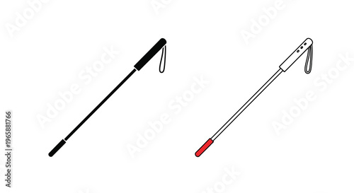 Two depictions of a long cane one black and one white with red tip