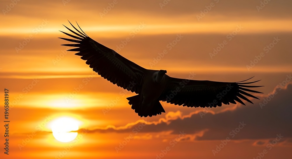 Obraz premium A solitary vulture is silhouetted majestically against the vibrant, fiery hues of a spectacular sunset.
