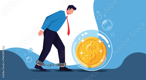 Businessman with feet chained together looking at a large gold coin trapped inside a transparent bubble representing debt and financial struggle.
