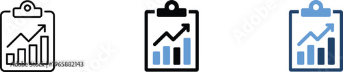 Clipboard with statistical growth chart and bars icon set in outline solid and blue color variations