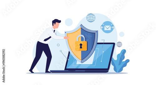 Businessman placing a protective shield with a padlock symbol onto a laptop screen for cybersecurity and data protection.
