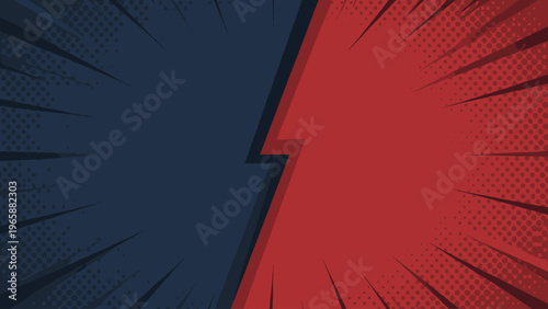 Dynamic comic book style background with contrasting blue and red halves and lightning bolt
