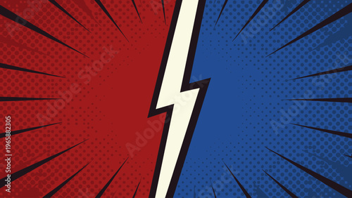 Comic book style background with red and blue halves divided by a lightning bolt