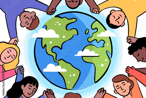 Diverse group of people holding hands around the planet Earth in unity and peace