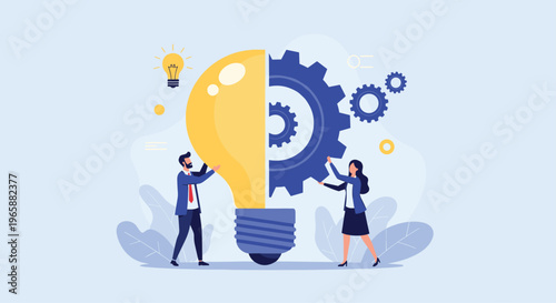 Businessman and businesswoman working together to assemble a large lightbulb and a gear symbolizing creative problem solving and innovation.