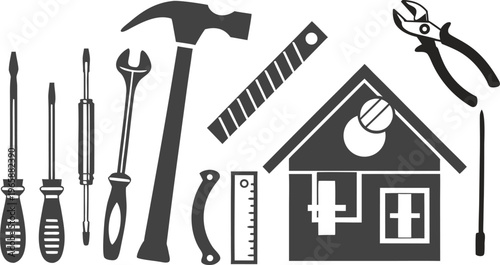 Set of construction tools including hammer screwdriver wrench and pliers