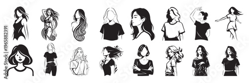 A diverse collection of female faces and figures in various black and white art styles.