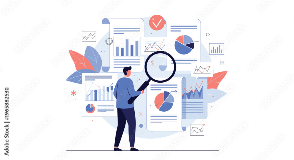 Fototapeta premium Financial analyst using a large magnifying glass to carefully inspect multiple charts and data reports for market research and audit.