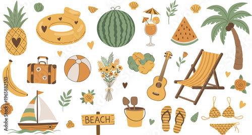 Summer Beach Vacation Elements Collection with Tropical Fruits, Travel Accessories, Palm Tree, Deck Chair, Bikini, Guitar and Seaside Holiday Illustrations