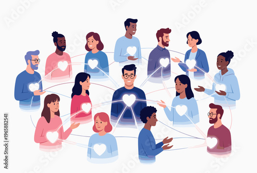 Diverse group of people connected by glowing hearts symbolizing relationships and community