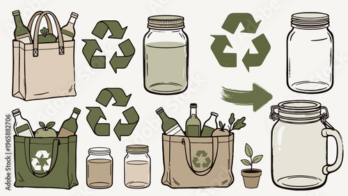 Eco-friendly reusable bags and jars with recycling symbols and plants