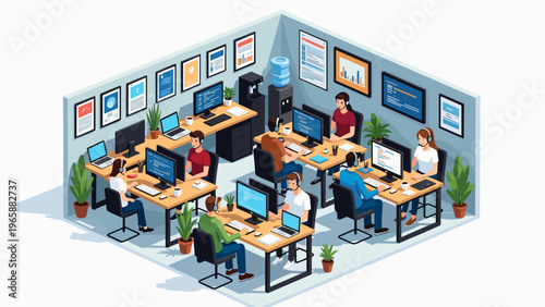 Isometric view of a busy open-plan office with people coding and working on computers