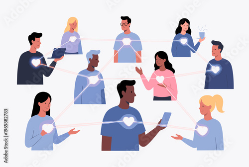 Diverse group of people connected by glowing hearts and lines, symbolizing relationships