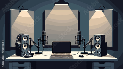 Professional podcast studio setup with microphones, speakers, and laptop