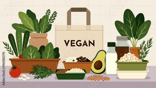 Vegan food assortment with fresh produce and plant-based ingredients