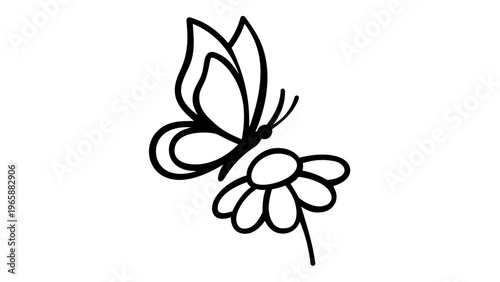 Minimalist black and white vector icon illustration of a butterfly landing on a flower, representing biodiversity, nature, and environmental conservation in a clean and simple line art style.