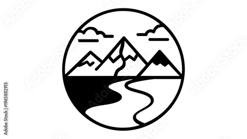 Minimalist black and white vector icon illustration featuring a scenic mountain range with a winding river and clouds in a circular frame, ideal for outdoor adventure and nature branding.