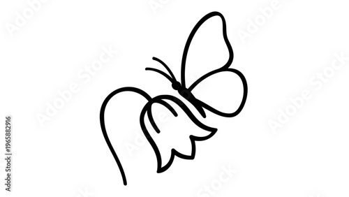 Minimalist black line art vector illustration of a butterfly landing on a bell-shaped flower, symbolizing biodiversity, nature conservation, and spring growth. Clean, scalable icon design.