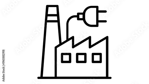Industrial electrification vector icon illustration featuring a factory building with a chimney and an electric plug, symbolizing sustainable manufacturing and clean energy solutions.