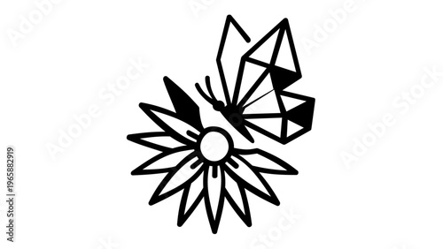 Minimalist geometric butterfly on a flower vector icon illustration, representing biodiversity and nature conservation in a clean black and white line art style, scalable AI-generated graphic.