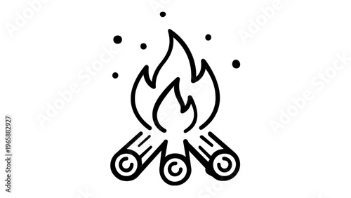 Minimalist campfire vector icon featuring burning wood logs with flickering flames and sparks. This clean black line art illustration is ideal for camping, outdoor survival, and nature-themed designs.