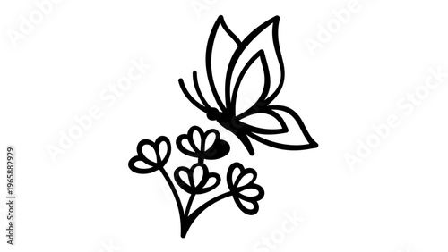 Minimalist black and white vector illustration of a butterfly perched on a delicate flower, symbolizing biodiversity and nature conservation, clean line art icon for eco-friendly design projects.